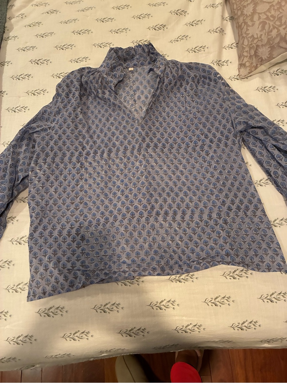 Printed Blue V-Neck Long-Sleeve Women's Blouse